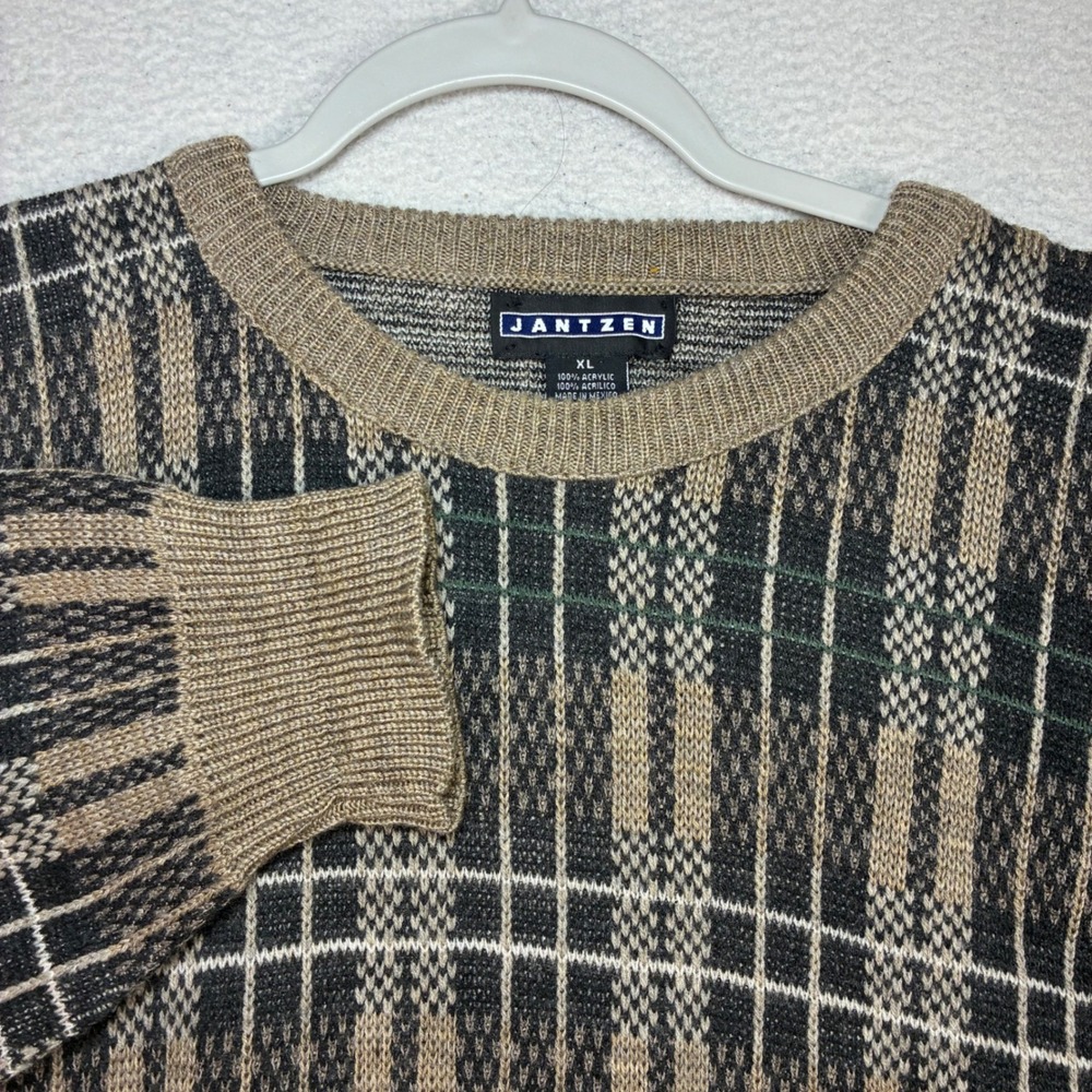 Vintage Jantzen Sweater Men XL Brown Plaid Acrylic Preppy Grandpa Crewneck 90s